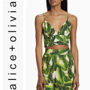 Alice + Olivia Carli Tie Back Bra Top in Green Sun Palm